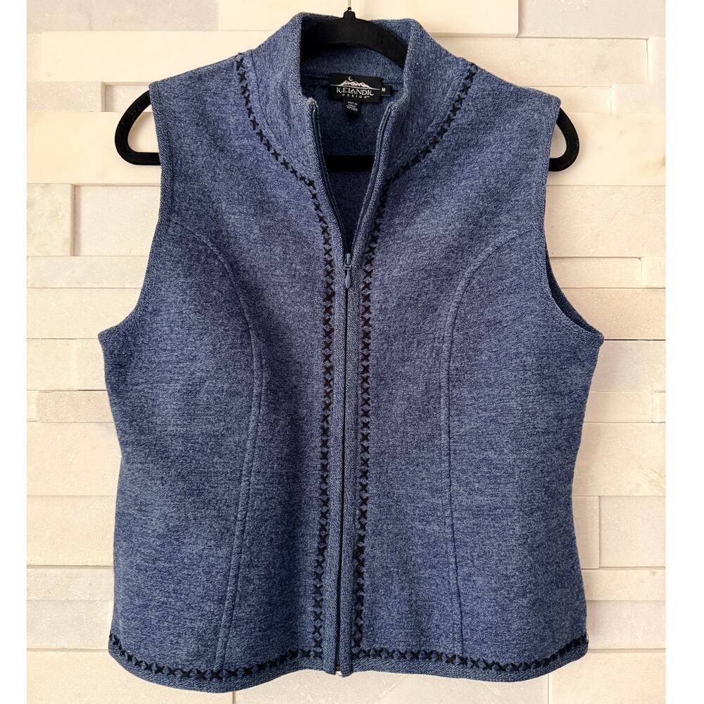 VINTAGE ICELANDIC DESIGN Boiled Wool Zip-Up Sweater Vest Blue Embroidered M